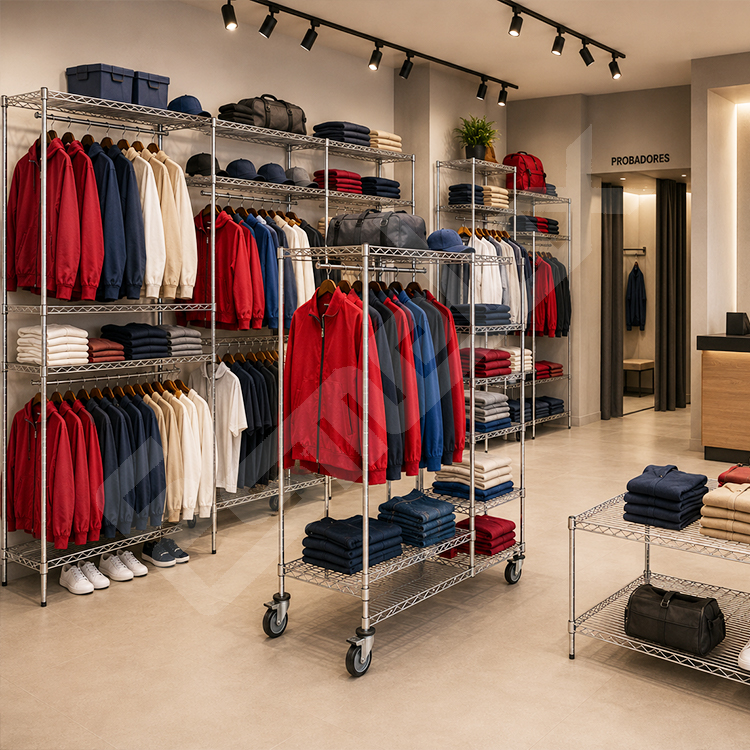 Estanter�as y carro de acero cromado para textil